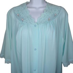 Vintage Shadow Line Knee Length Robe Housedress Blue Nylon Lace Embroidery USA